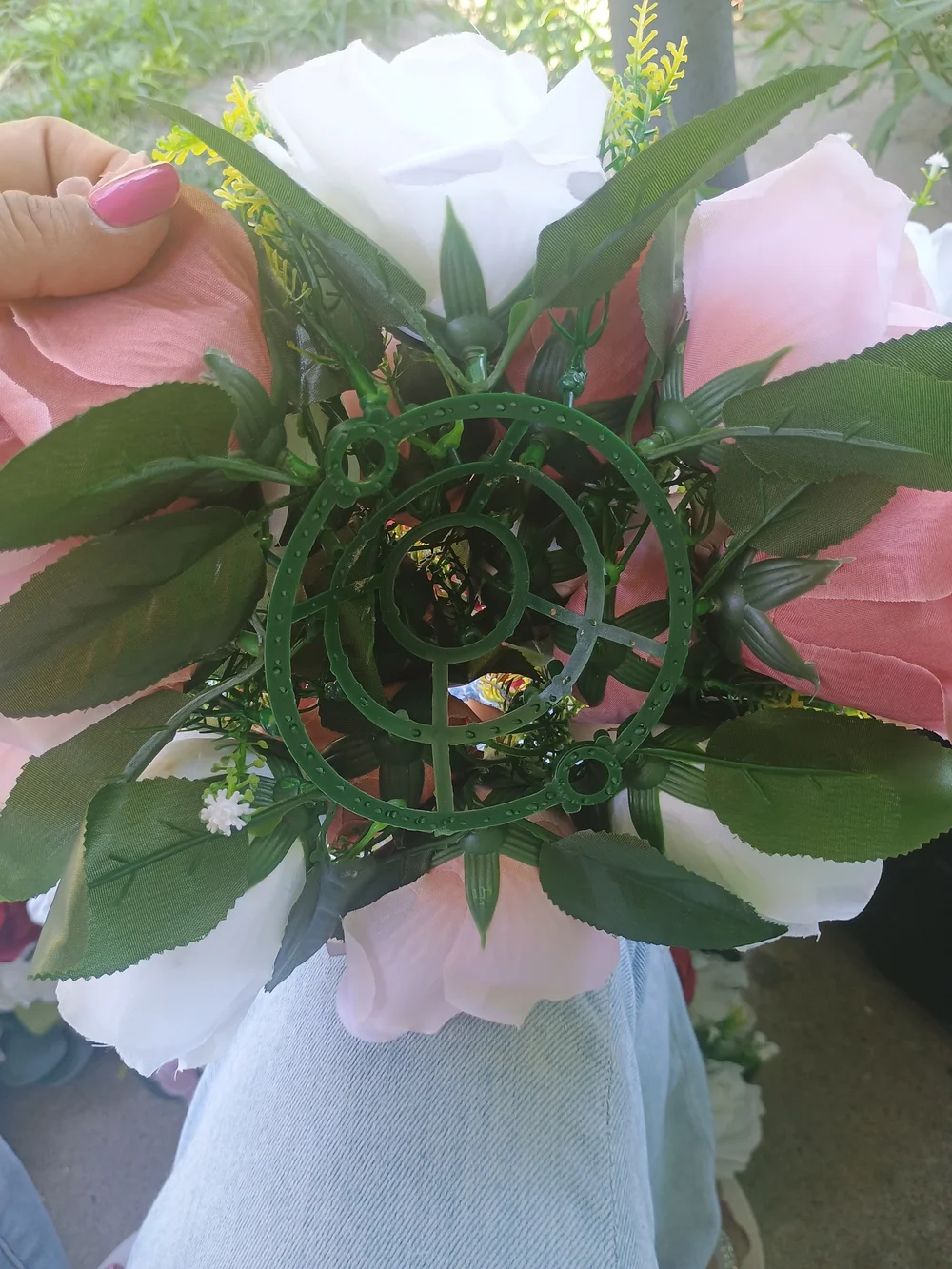 Classic Faux Rose Bouquet in Pink, White & Green - Decorative Floral Accent